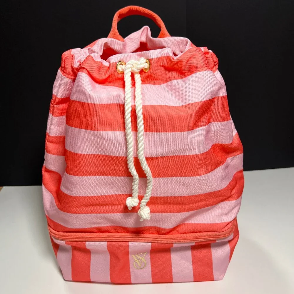 Victoria Secret Backpack Cooler Pocket Beach Bag Logo Drawstring Stripped Pink - Picture 1 of 14
